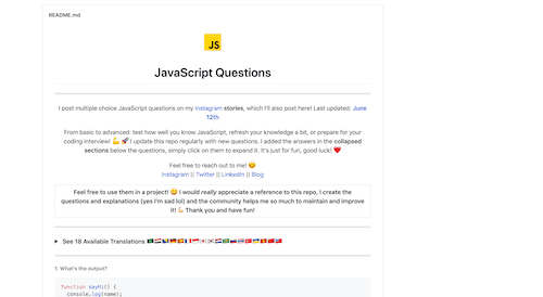 Screenshot for the JavaScript Questions website